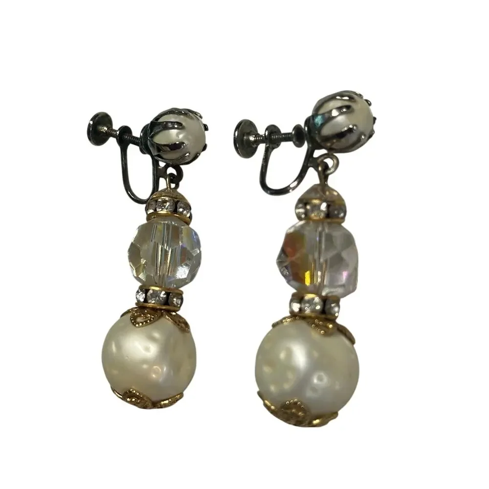 VTG Faux Pearl Crystal Gold Tone Drop Earrings Hollywood glam Statement jewelry